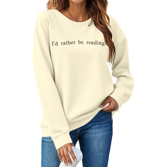 Tops - Women's Soft Cotton Embroidered Sweatshirt Reading Lover Gift Small